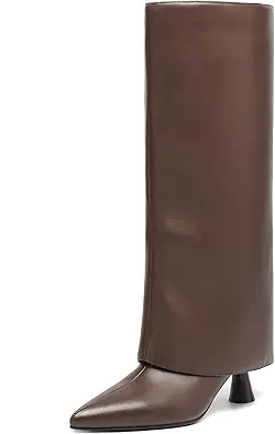 Womens Knee High Boots Fold over Shark Boots Slouchy Pointed Toe, Tall Boots Faux Leather Dress Boots