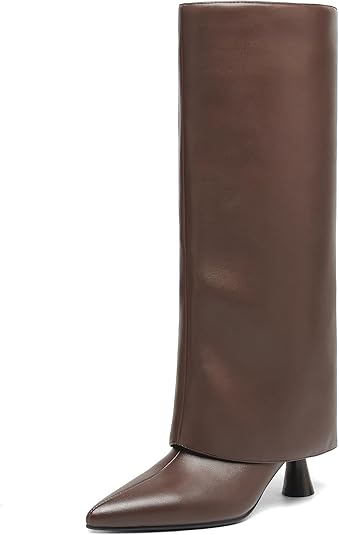 Womens Knee High Boots Fold over Shark Boots Slouchy Pointed Toe, Tall Boots Faux Leather Dress Boots