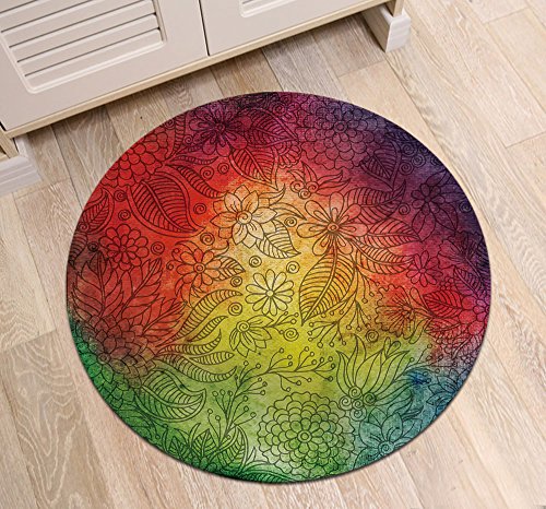 LB Tapete floral redondo vermelho e verde, estilo hippie, estampa de flores e folhas para sala de es