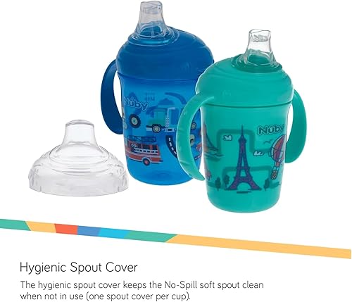 Miniatura 4 de Nuby No-Spill - Vaso de dos asas para bebé, con tapa higiénica, 2 unidades impresas Aqua Travel y Blue Car Prints 8 oz 8.1 fl oz 4+ meses 2