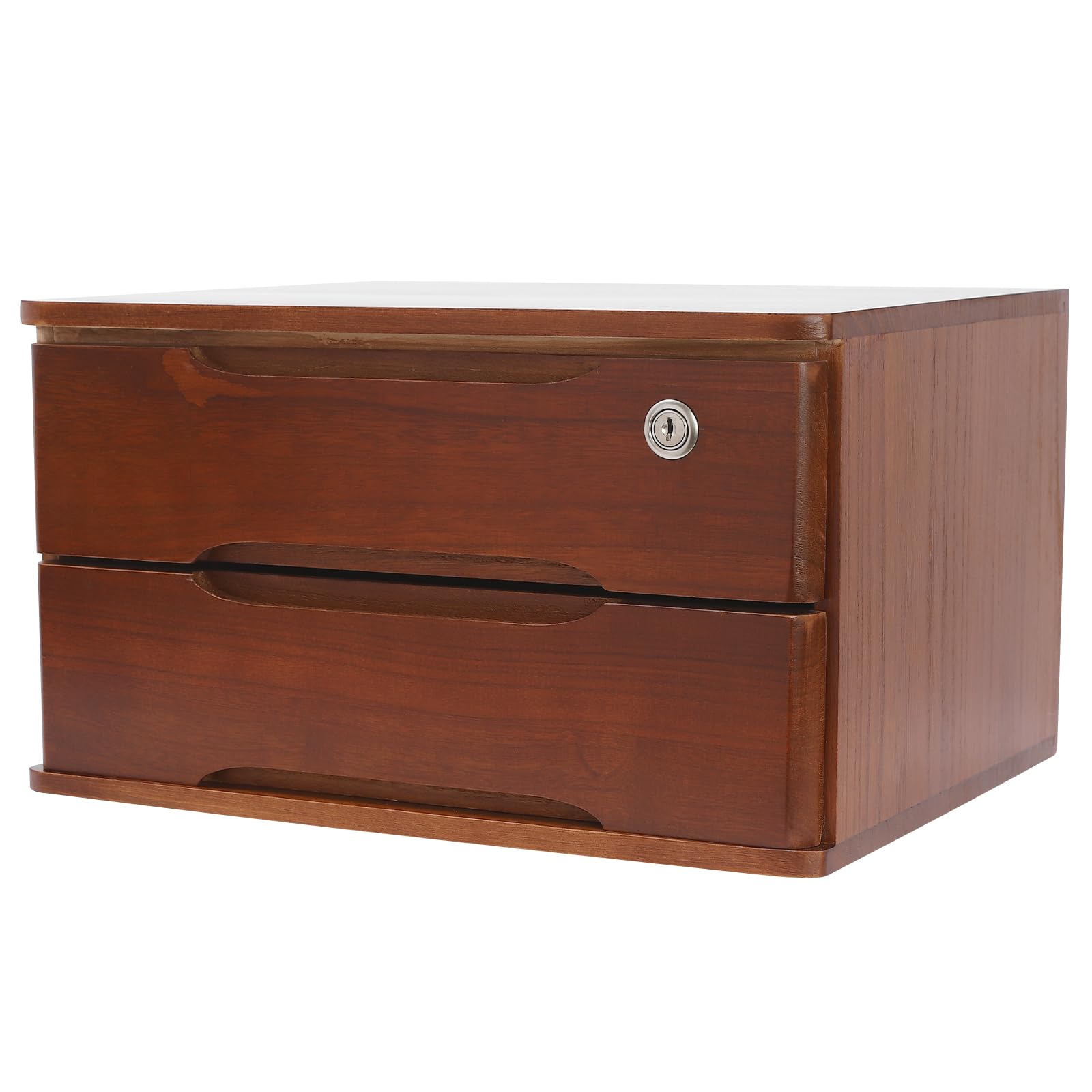 Cassettiera in legno, a 2 livelli, organizer da scrivania con cassetti richiudibili, mini cassettiera con serratura, 39 x 30 x 21,5 cm, per uffici, camera da letto, ecc. (noce)