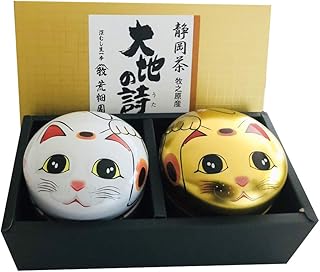 荒畑園 お茶 静岡茶 ギフト 八十八夜茶 鈴子缶 ギフトセット 80g×2本 箱入り 緑茶 新茶 深蒸し茶 茶葉 贈答 プレゼント 牧之原茶 かわいい 招き猫 紅白だるま 縁起物 (招き猫缶 静岡深蒸し茶80g×2本)