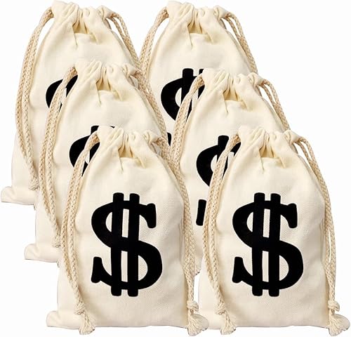 Miniatura 2 de Grahoe Bolsa de dinero con cordón para dinero, bolsa de lona con símbolo de dólar para juguetes, fiesta temática de cosplay, bolsa de dinero,