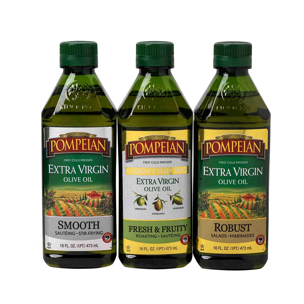 Extra Virgin Olive Oil Variety Pack - Smooth EVOO, Gourmet Selection EVOO, Robust EVOO, Contains Polyphenols, First Cold Pressed, 16 Fl Oz, Pack of 3