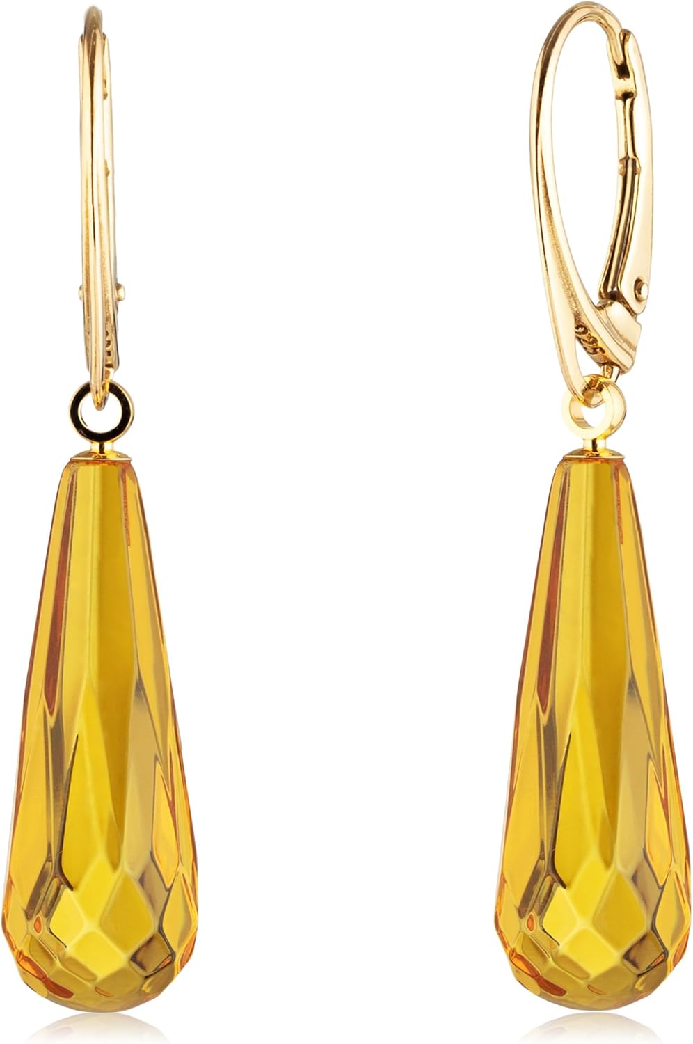 Amber Earrings for Women - Statement Gemstone Jewelry, Gold Plated Sterling Silver Leverback, Dangle Semi Precious Stone Ladies Earrings, Elegant Gift for Her