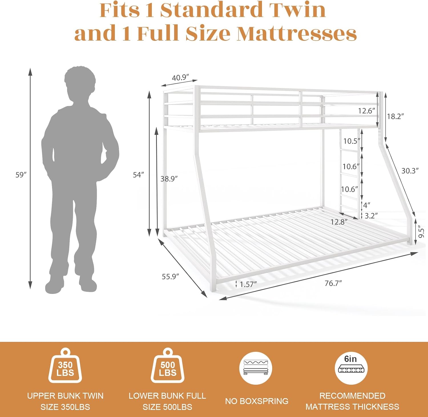 Twin Over Full Low Bunk Bed Frame for Kids Teens Adults, Metal Heavy Duty Sturdy Bunk Bed with Guardrail & Convertible Ladder for Dorm Apartment Small Bedroom, No Box Spring Needed, White