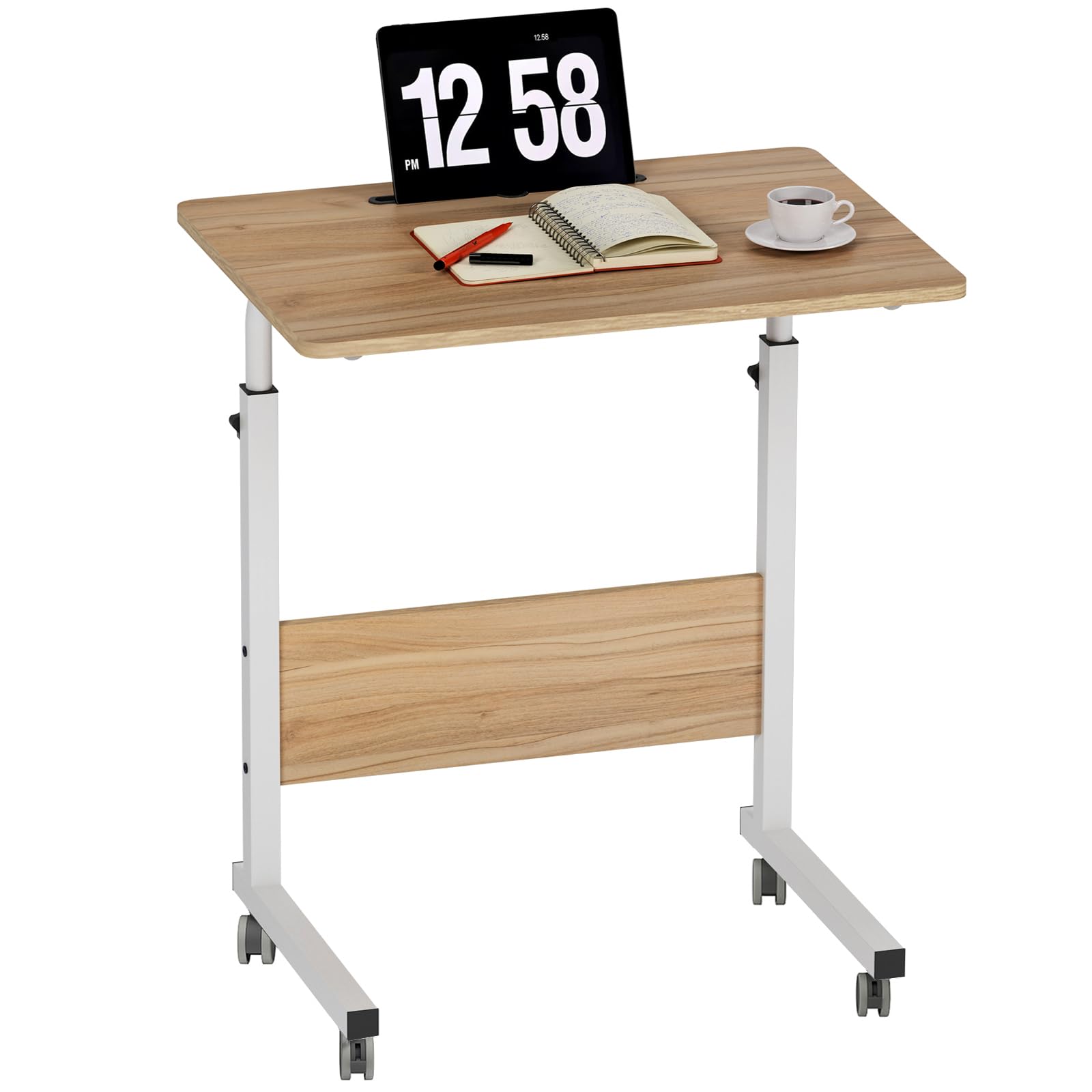 SDHYL Mesa Auxiliar Portátil Movible con Ruedas Escritorio Pequeño de Altura Ajustable Soporte para Portátil para Sofa Cama Mesa para PC para Estudio, Puesto de Trabajo + Ranura para Tableta Roble