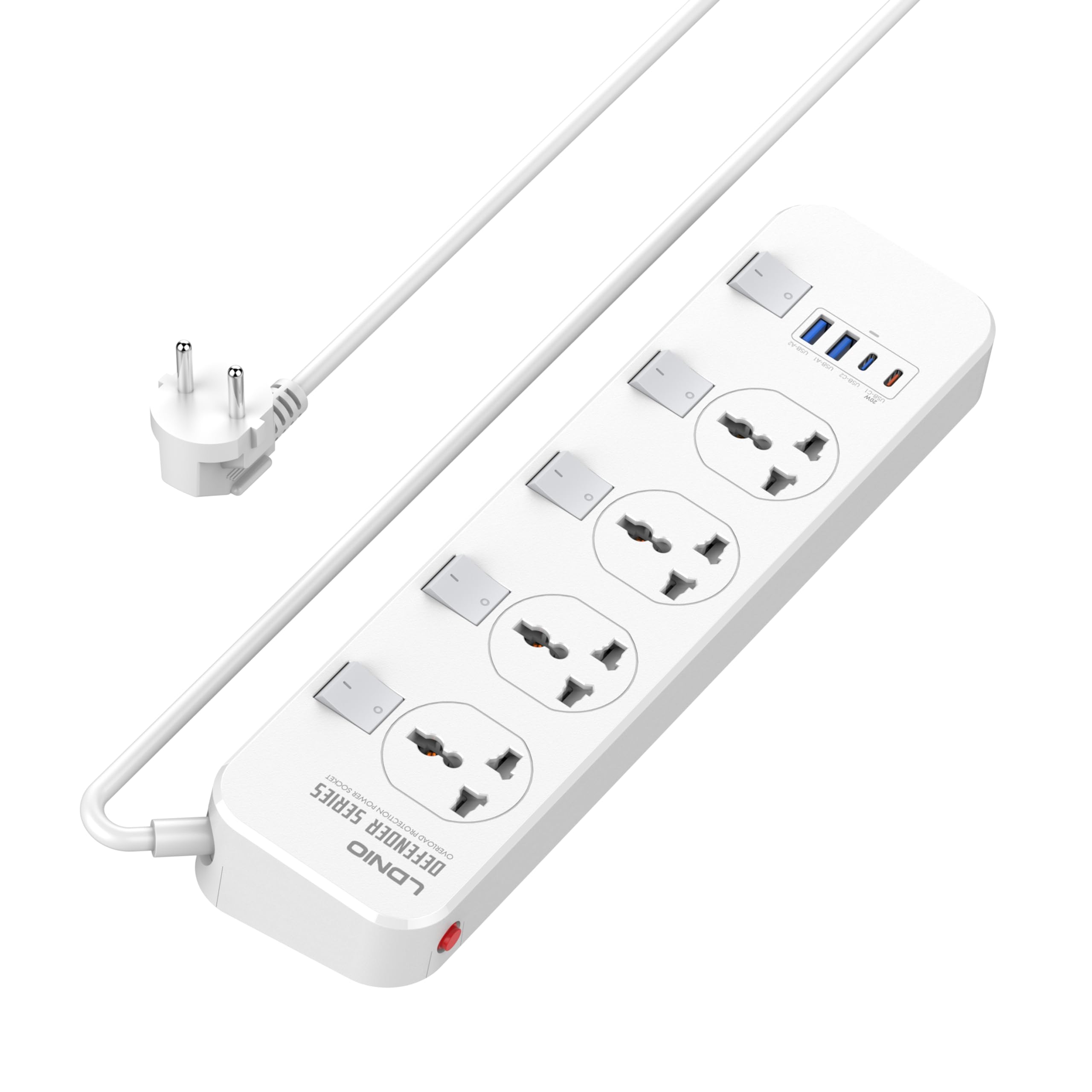 LELYFIT Listwa Zasilająca,4 Uniwersalne Gniazda, Zabezpieczenie przed przeciążeniem, 2 x USB-A,1x Type-C,1 x 20W USB-C PD (5V 3A 20W), Niezależny Wyłącznik Bezpieczeństwa, Kabel Sieciowy 2m