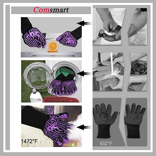 Miniatura 13 de Guantes largos, resistentes al calor 1472 °F, de silicona antideslizante, para barbacoa, cocinar, hornear, cortar Rojo