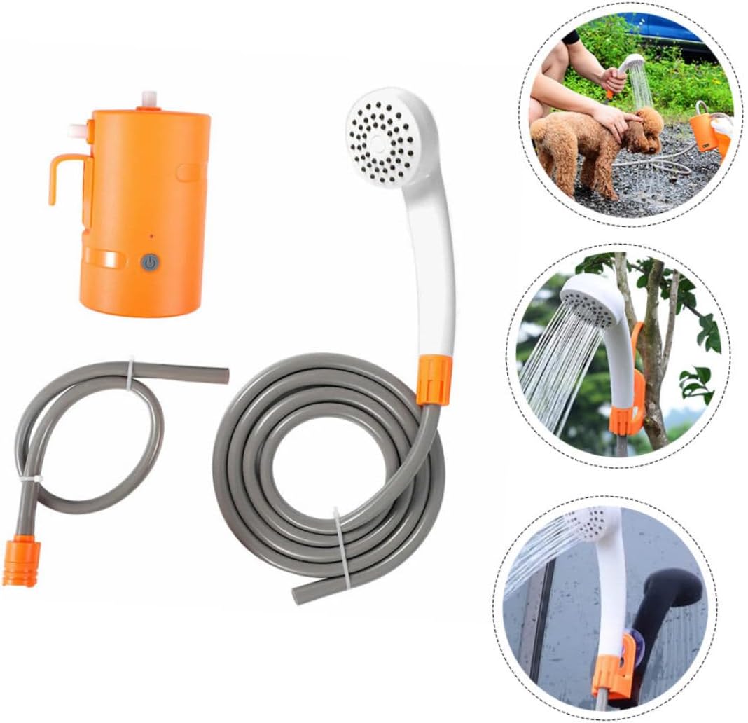 1Set Outdoor Shower Head Rechargeable Camping Shower with LED Light for Travel Car Wash Hiking Pet Cleaning Orange