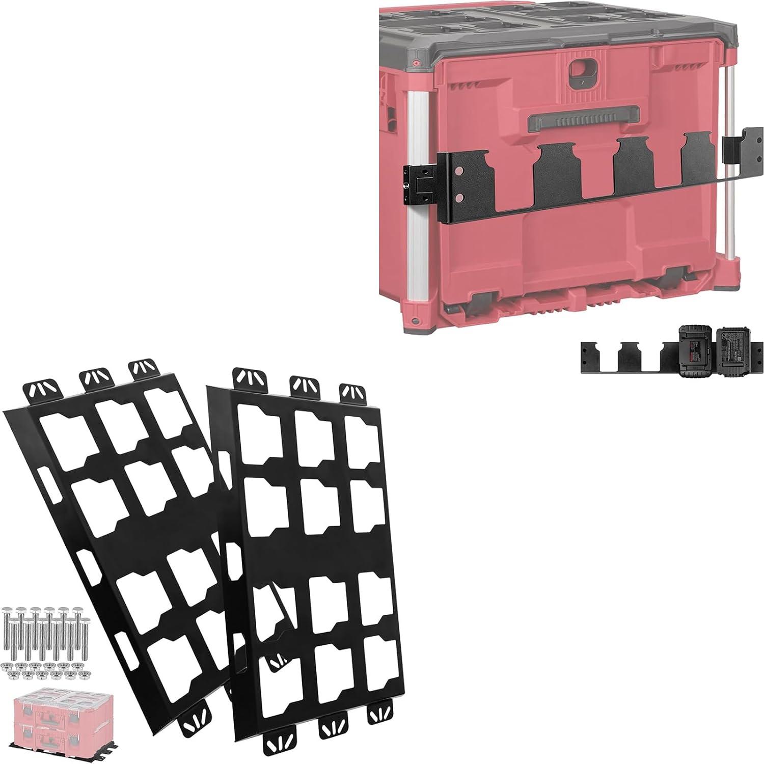 BYERN AUTO Packout Mount & Battery Holder Bundle: 2-Pack 100LB Base Plates + 4-Slot M18 Organizer for Milwaukee Packout