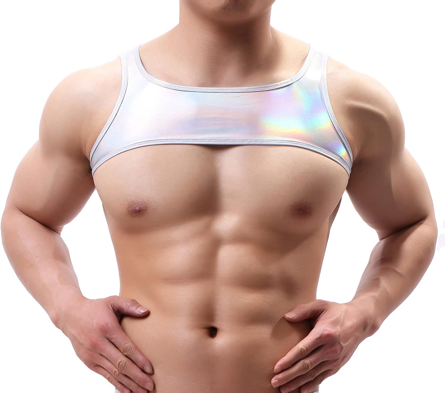 Swbreety Men's Shiny Metallic Muscle Half Tank Tops Sleeveless Shoulder Chest Strap Harness Costume
