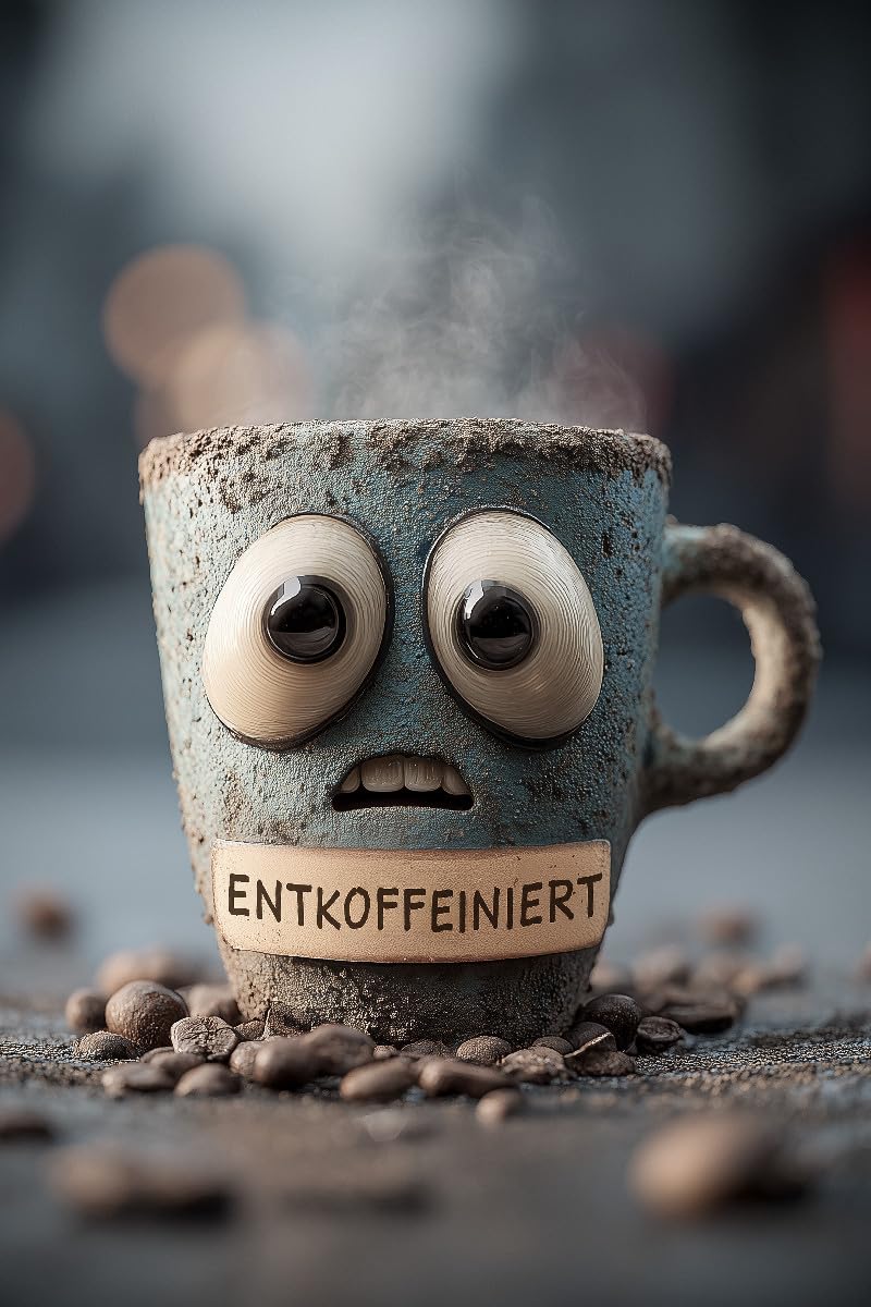 Premium Textil-Leinwand 50 x 75 cm Hochformat Entkoffeinierter Kaffee mit Panikblick - Lustiges Motiv für Koffeinfreunde | Wandbild, HD-Bild auf Keilrahmen, Wanddekoration, Kunstdruck von MB Fotografi
