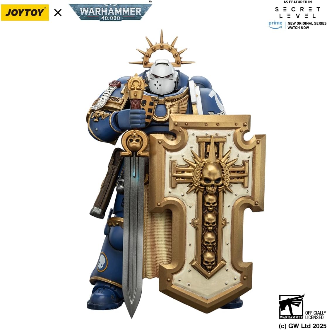 JOYTOY Warhammer 40k Space Marine 2,1/18 Action Figure Ultramarines Levantus with Power Sword, Stormshield and Bolt Pistol 4.84-inch Collectible Gifts,Toys for Kids 15+ and Adults