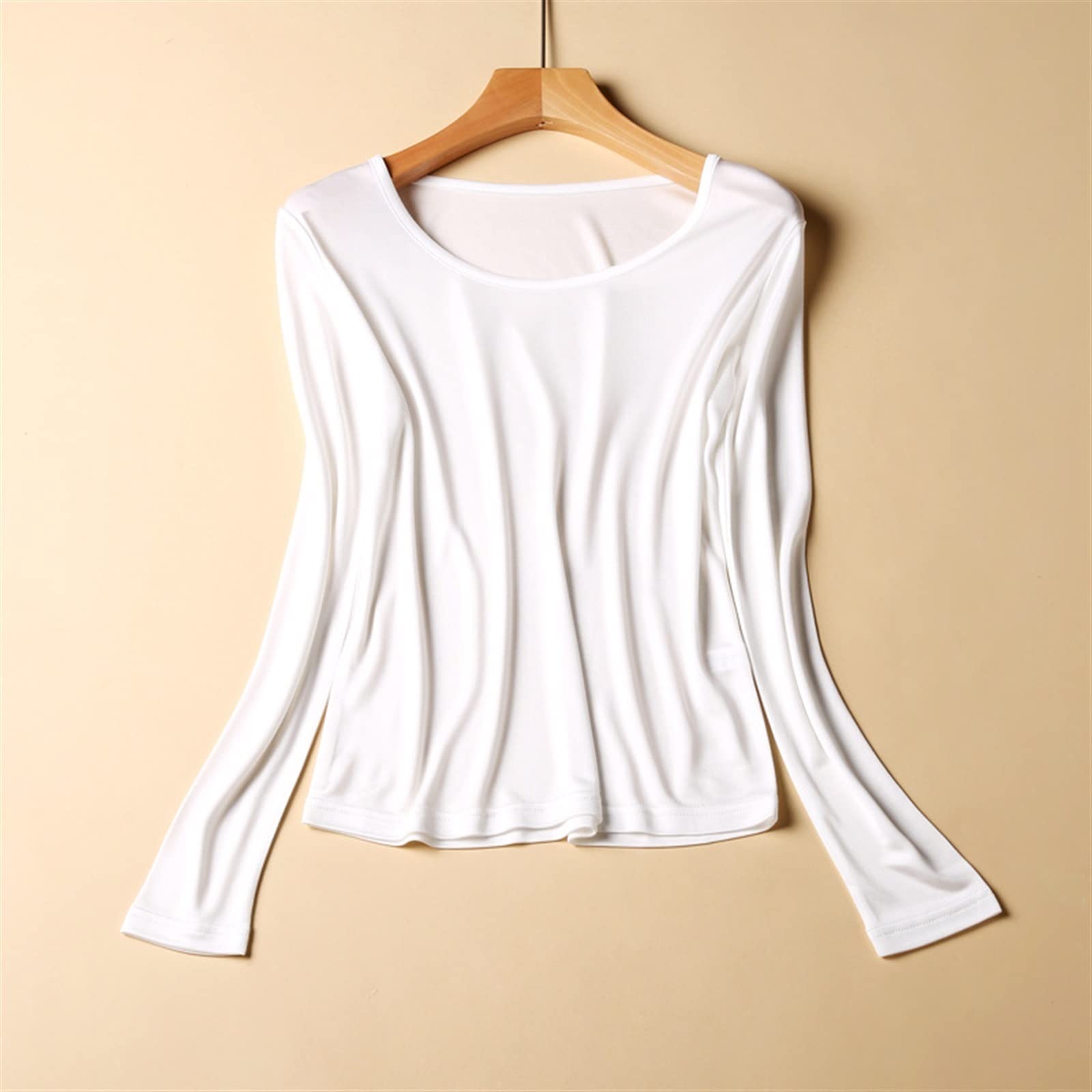 ANRIO Top Termici in Seta di Gelso per Le Donne Camicie A Maniche Lunghe Camicette di Seta Soft Comfort Lingerie Loungewear (Color : White, Size : XL/X-Large)