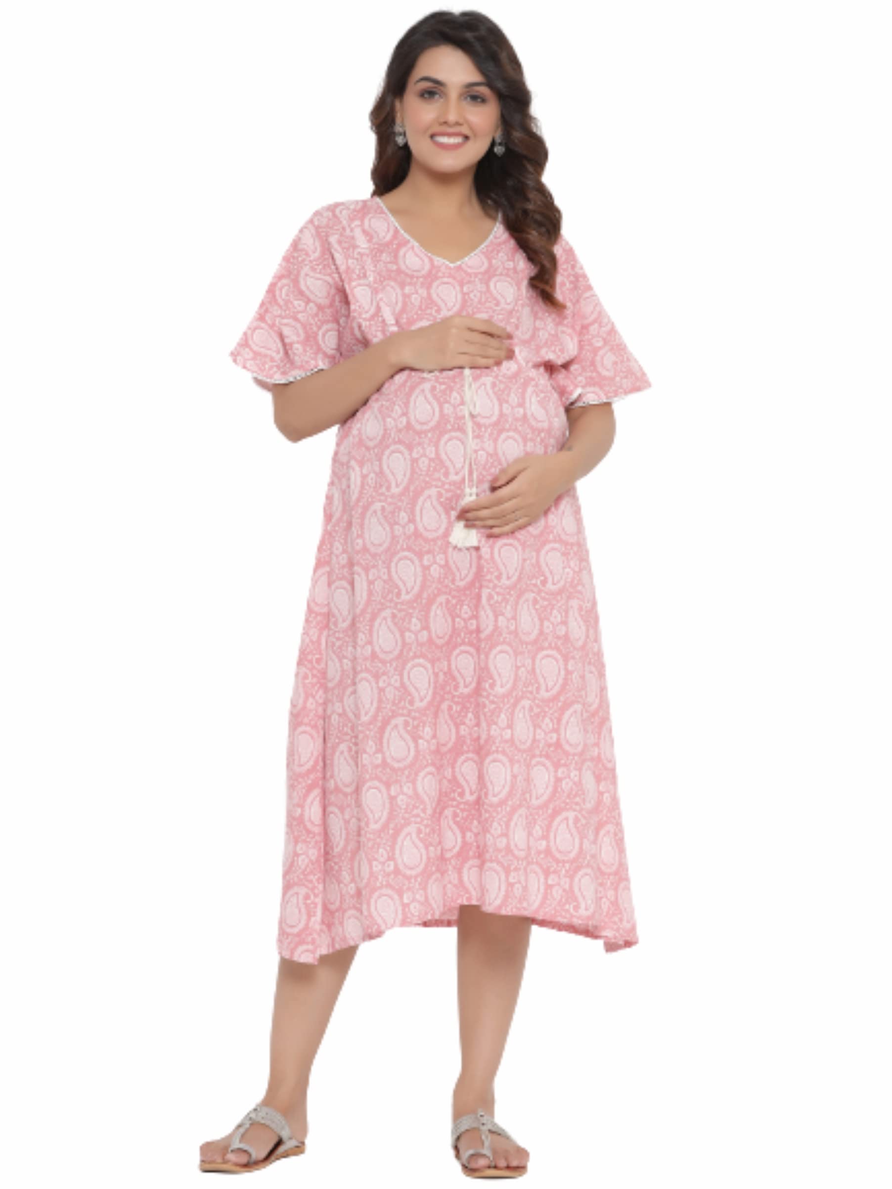 Women's Cotton Ambi Maternity Kaftan Dress/Easy Breast Feeding/Breastfeeding Dress/Western Dress with Zippers for Nursing Pre and Post Pregnancy | Color- Pink-image-16