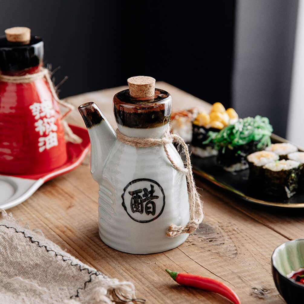 Bouteille De Sauce Soja En Céramique Japonaise – Distributeur D’huile D’olive Et Vinaigre 200 Ml, Design Bois Et Blanc