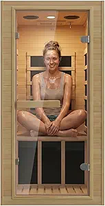 Home Sauna, 32.3"W x 27.2"D x 59"H Canadian Hemlock Wood Far Infrared, 1-Person Mini Home Sauna– 140°F Max, with Bluetooth, Digital Controller, Tempered Glass for Home Relaxation,Home Gym Gift