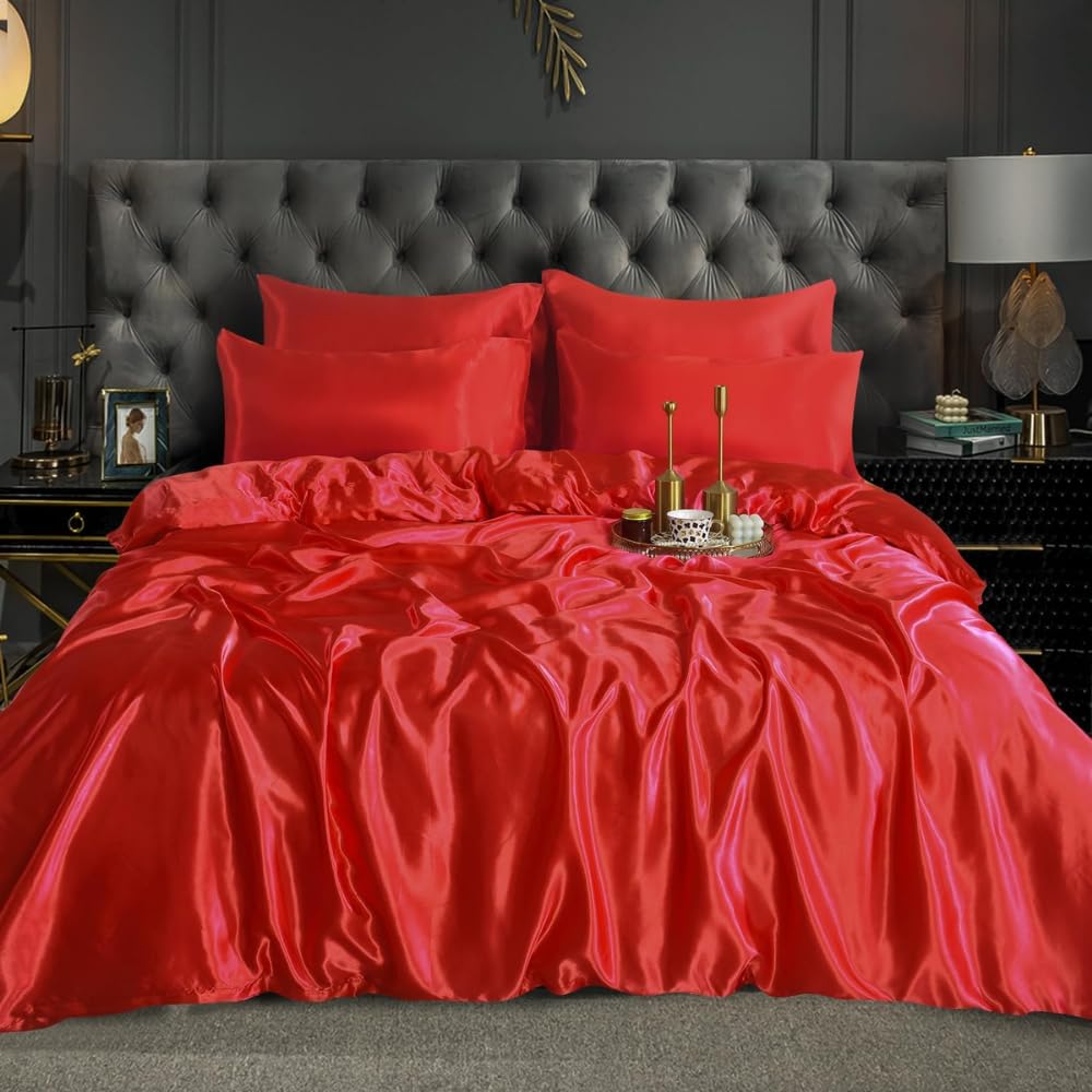 XXR SATIN SILK COMPLETE BEDDING SET DUVET COVER FITTED SHEET 4 PILLOW CASES 6 Pcs (Red, Double)
