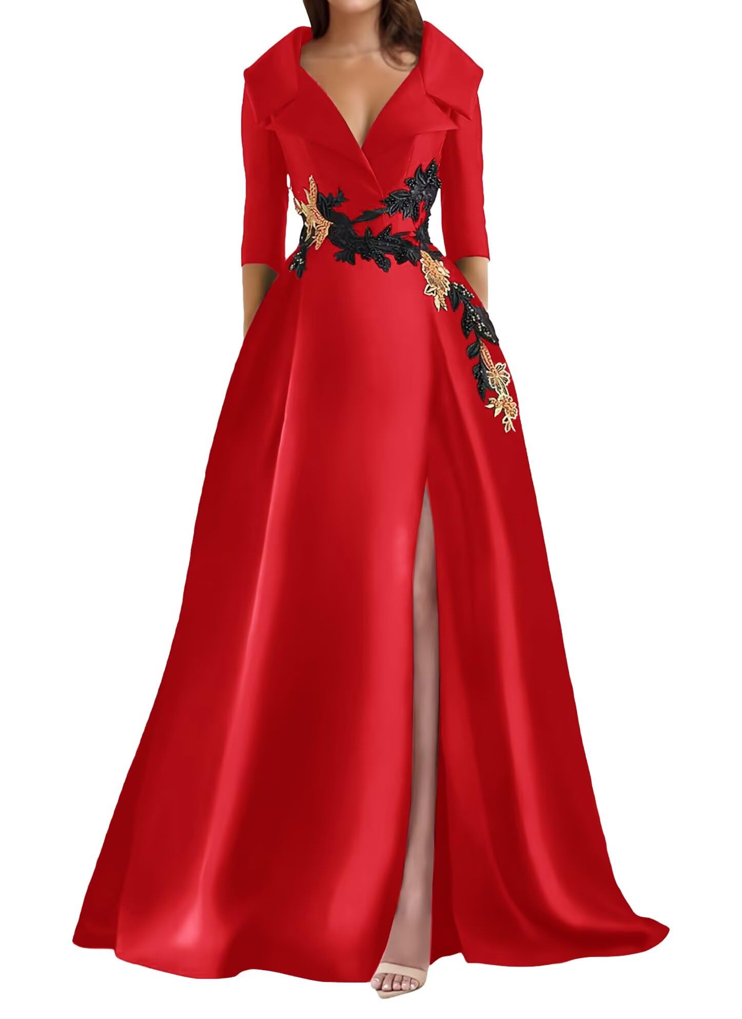 Lace Appliques Prom Dresses with Slit V-Neck Satin A-Line Formal Mother of The Bride Dress Long Sleeves Evening