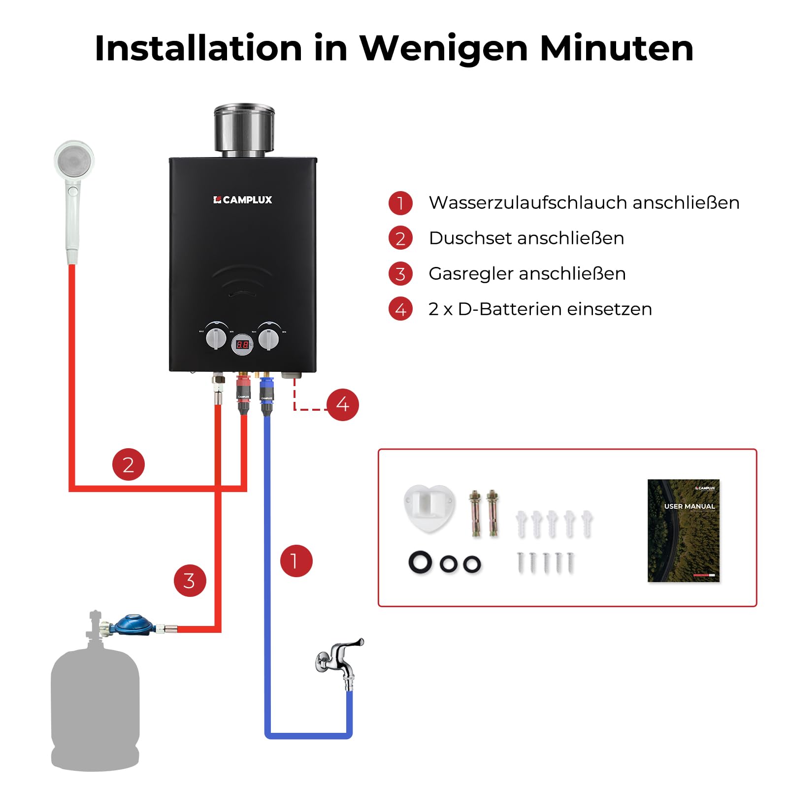 CAMPLUX BW158BC-DE Tankless Gasdurchlauferhitzer mit Regenhaube, Tragbar LPG Durchlauferhitzer, 6 Liter, 12kW, 50mbar, Campingdusche