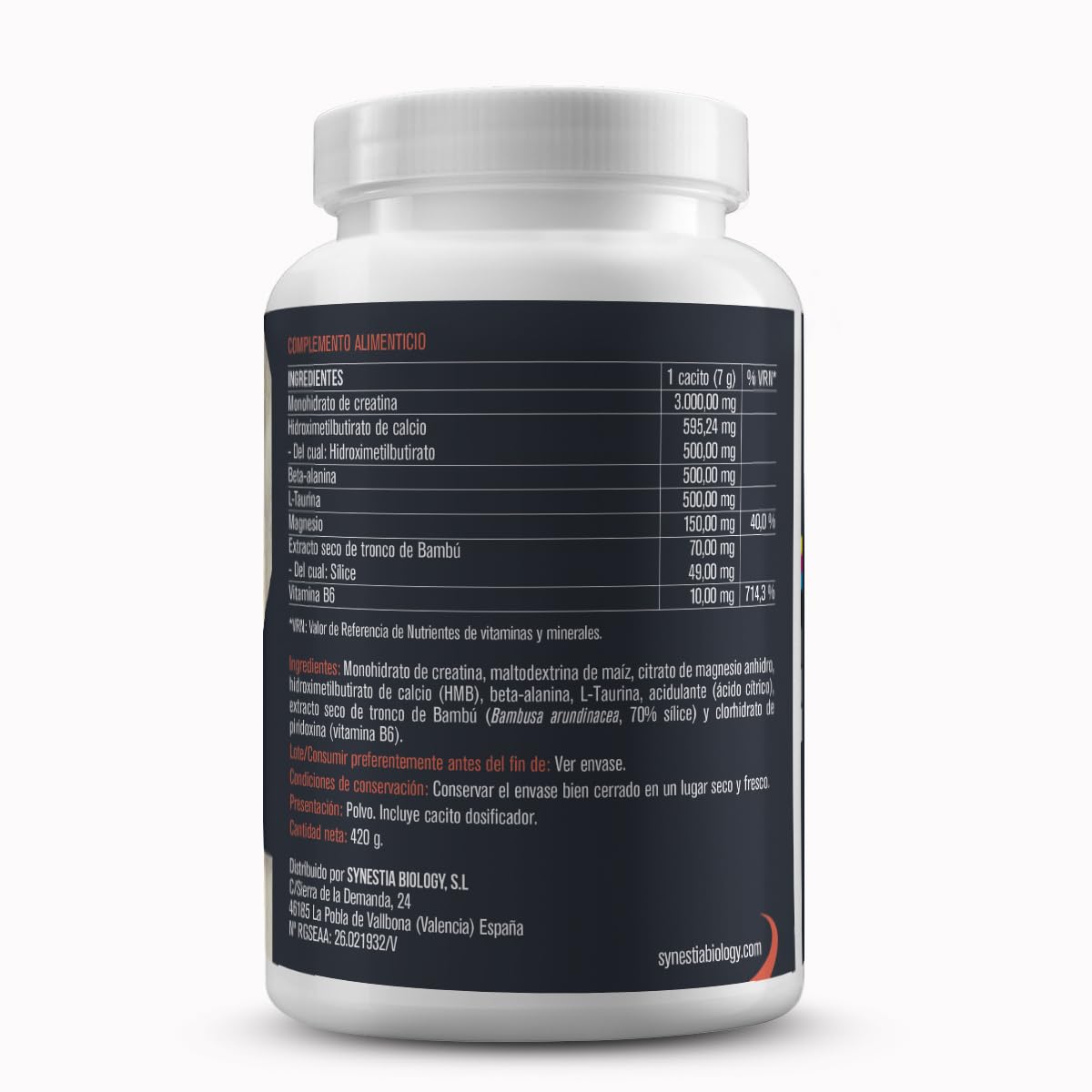 Creatina Synestia con HMB, Beta-Alanina, L-Taurina, Magnesio, Vitamina B6 y extracto de Bambú - 60 dosis (420 gr) polvo
