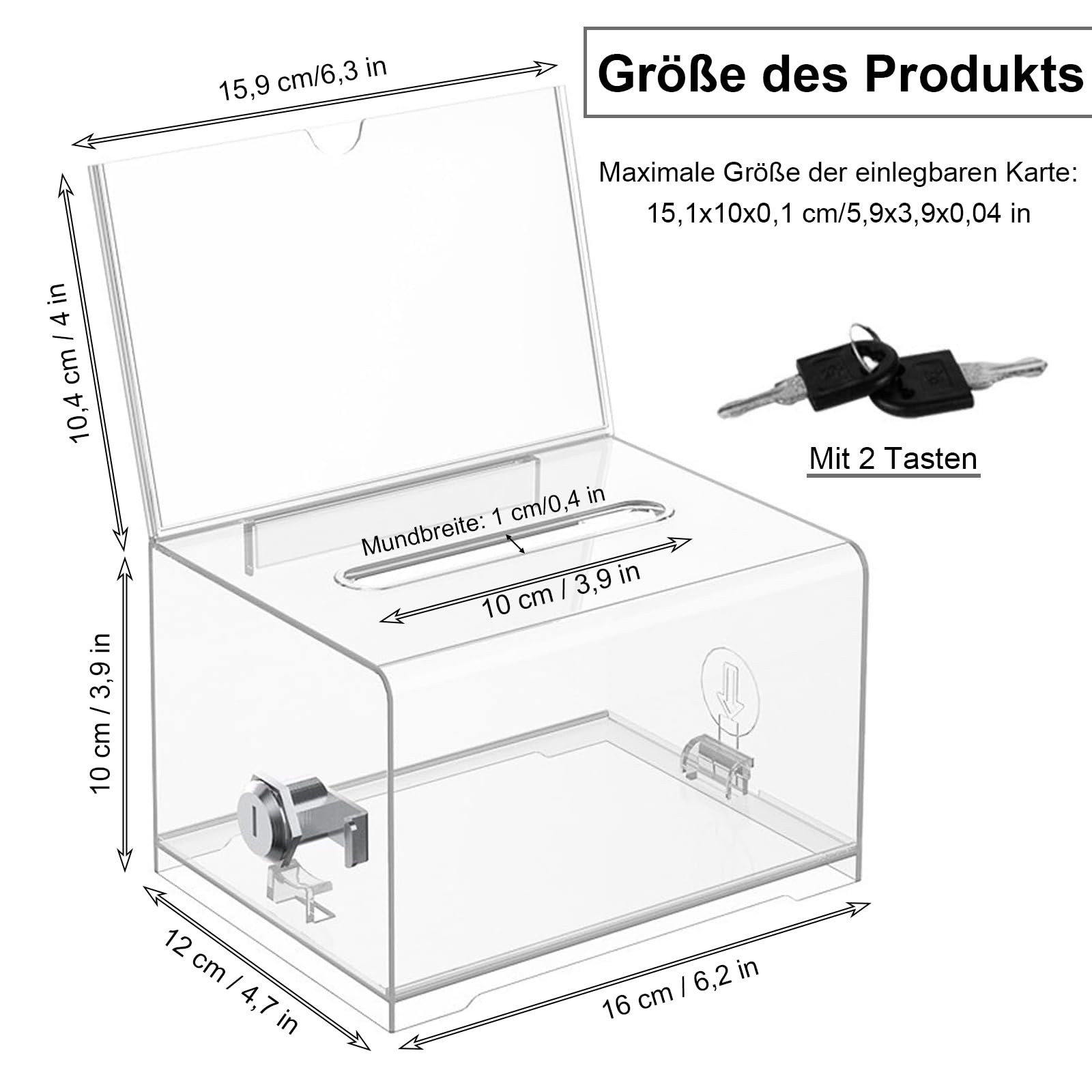 Zeigis® - Scatola per lotteria, in vetro acrilico, da 200 x 200 x 200 mm, con serratura, per donazioni, raccolta fondi o estrazione dei vincitori, in Plexiglas® trasparente, chiudibile a chiave