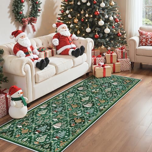 Madane Christmas Hallway Runner Rug - 2x5 Washable Green Runner Rugs Non-Slip Low-Pile Kitchen Xmas Holiday Decor Laundry Room Rug Throw Carpet for Entrance Bedroom Living Room