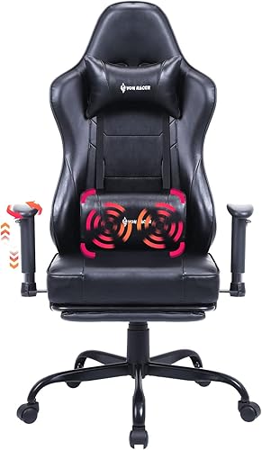 VON RACER Massage Gaming Chair with Footrest - Racing Desk Office Chair with Retractable Footrest and 2D Armrests High Back Ergonomic Leather