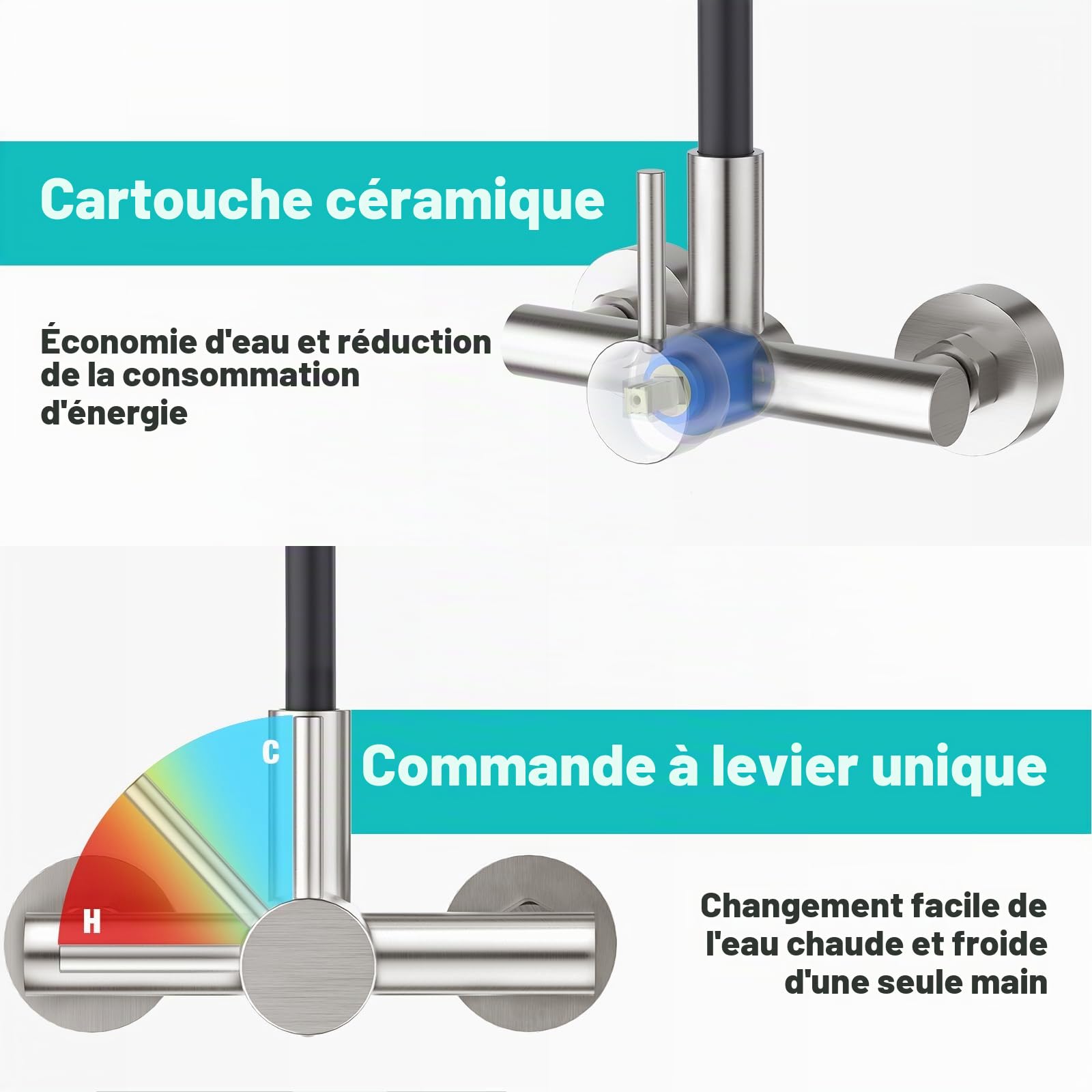 CREA Mural Robinet D'évier de Cuisine 360° Flexible avec Pulvérisateur Quatre Fonction, Mitigeur Monocommande avec Tuyau en Silicone Noir