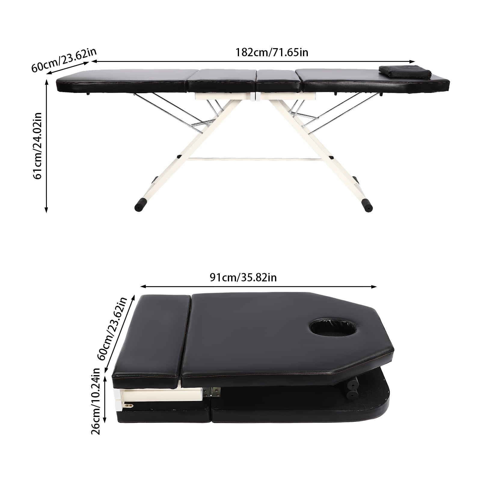 Camilla de masaje plegable con ajustable 70°+45° y almohada, capacidad de carga de 250 kg, portátil, plegable en 3 zonas, para spa, cosméticos, hogar, 182 x 61 x 60 cm, color negro