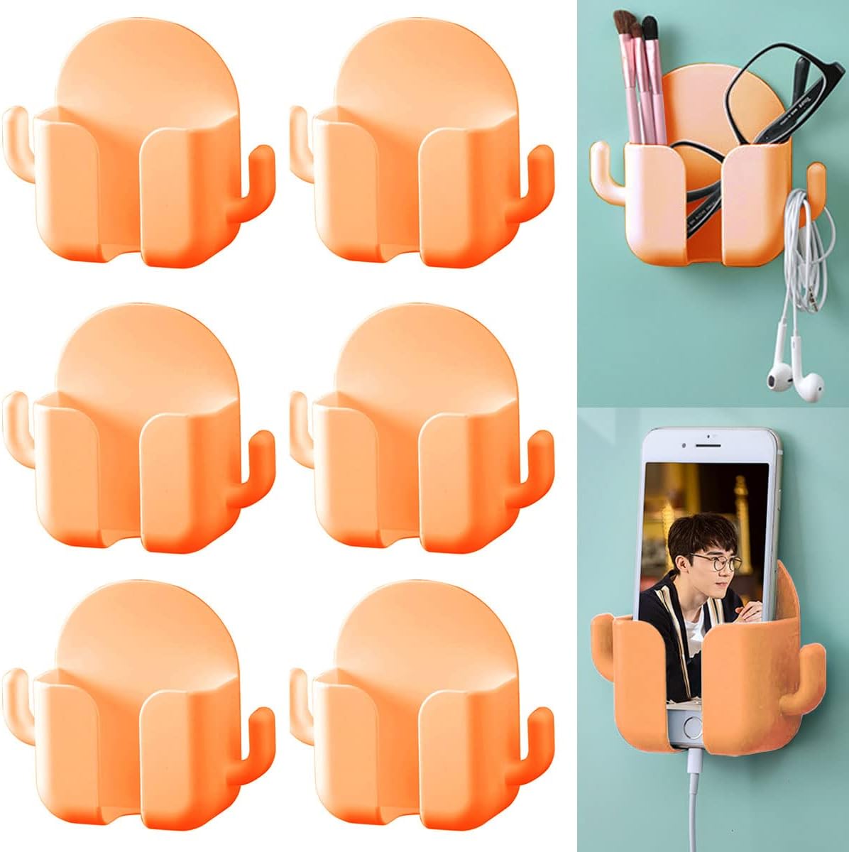 Anzhee 6 Pieces Phone Holder for Wall, Wall Phone Holder Mount Bed Mount Remote Mobile Phone Storage Box Shower Mounted Plastic Charging Organizer Bedside with Hook for Bedroom Shower