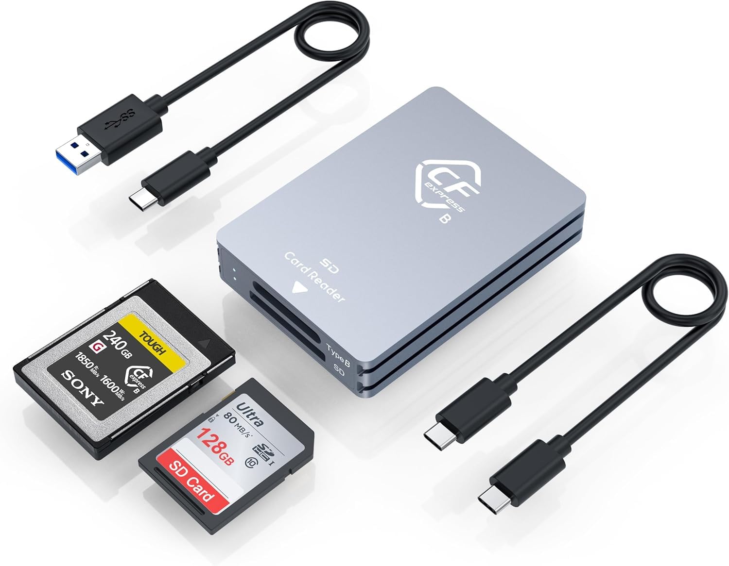 Lettore di schede di memoria CFexpress tipo B e SD a doppio slot, 10 Gbps USB 3.2 Gen 2 tipo B CF Express adattatore lettore di schede di memoria con cavo USB C a USB C/USB A, compatibile con Windows