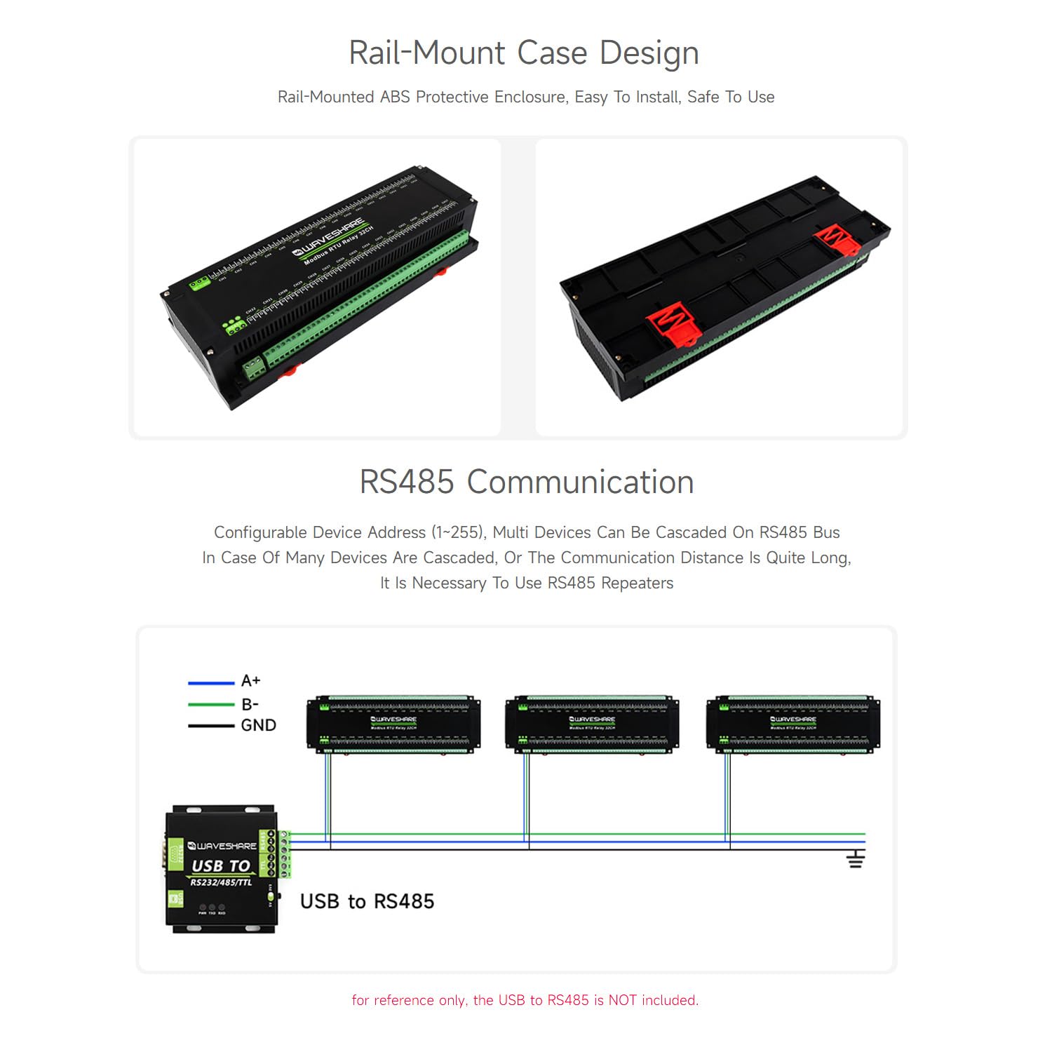 Waveshare Modbus RTU 32-Ch Relay Module, RS485 Interface, With Multiple Isolation Protection Circuits, Mainly Used for Industrial Control, Smart Home, Smart Agriculture, Breeding & Farming