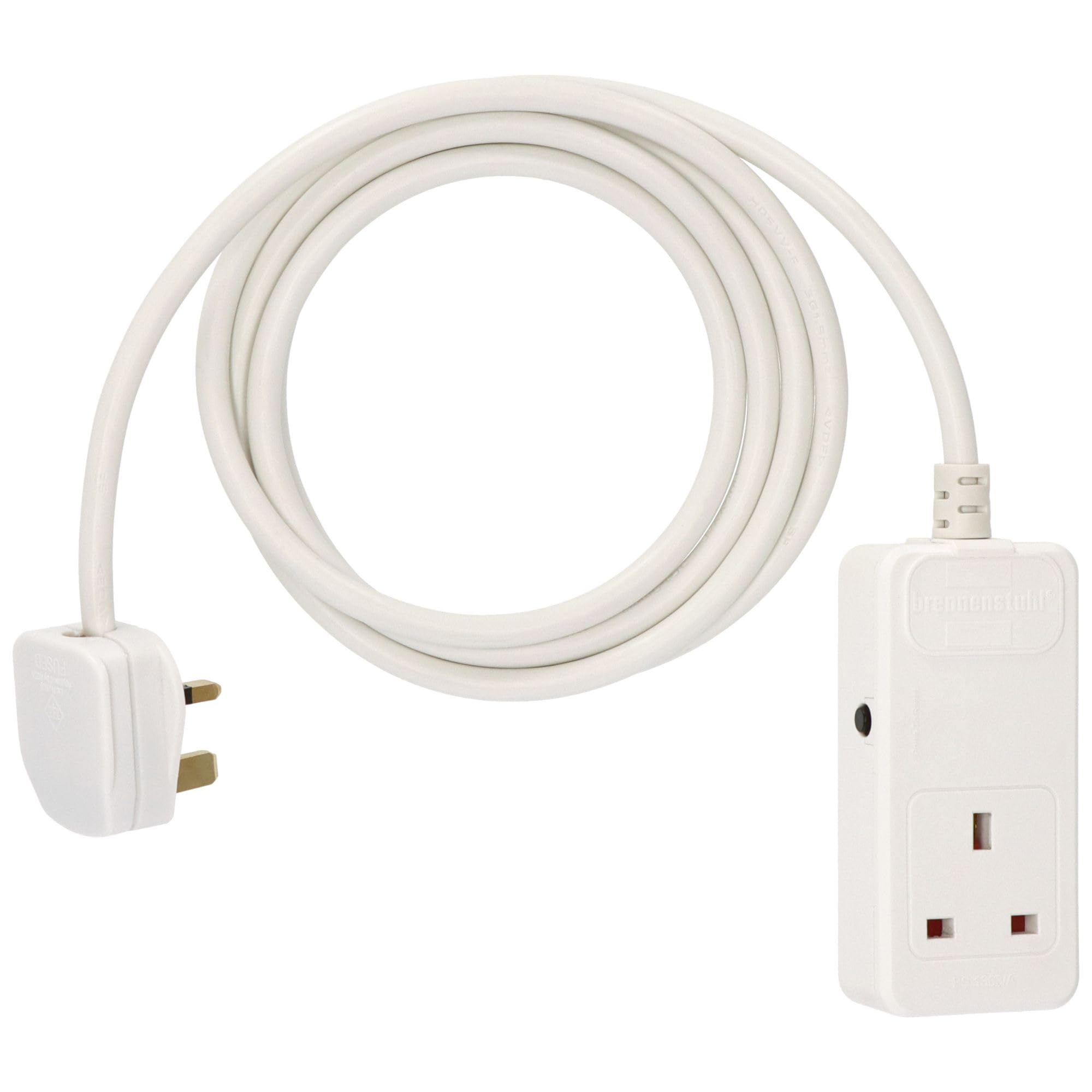 Brennenstuhl Extension Cable for home and office (5m cable for indoor use, with rubberized socket 13A BS, fuse button reset function) white