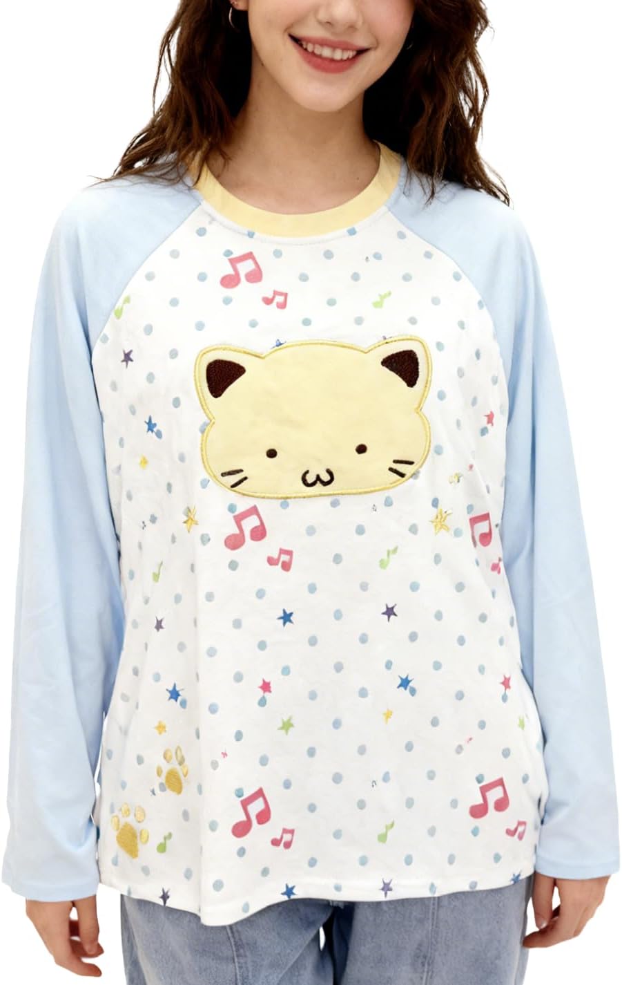 Womens Y2k Cute Graphic Sweatshirts Harajuku Kawaii Striped Sweatshirt Patchwork Cartoon Casual T-Shirts
