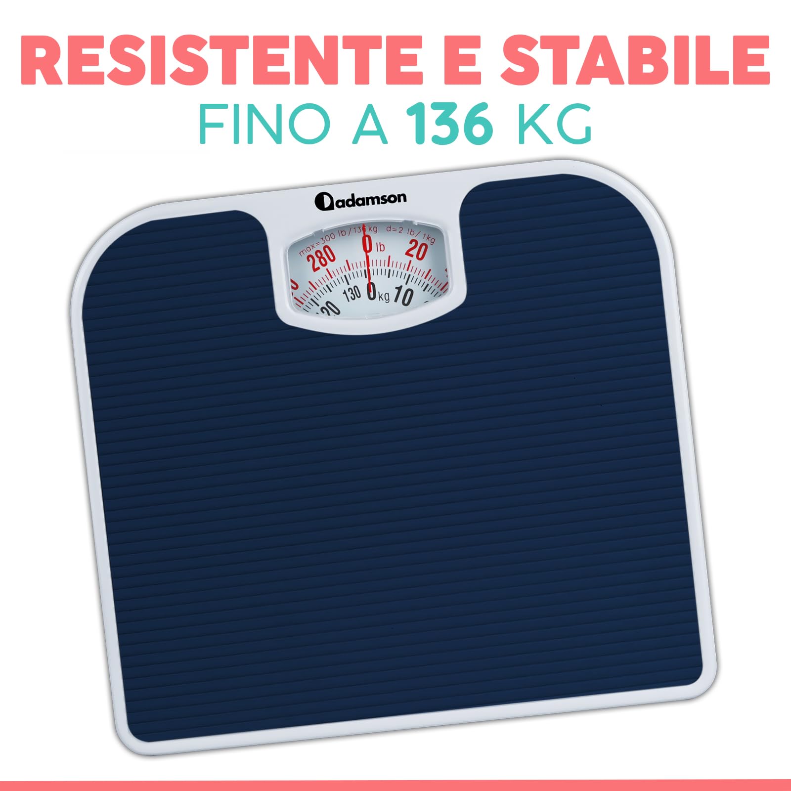 Adamson A21 Bilancia Pesapersone Meccanica - Fino a 136 KG - Superficie in Gomma Antiscivolo - Bilancia Pesapersone Analogica - Bilancia Analogica con 20 Anni DI Garanzia - Blu