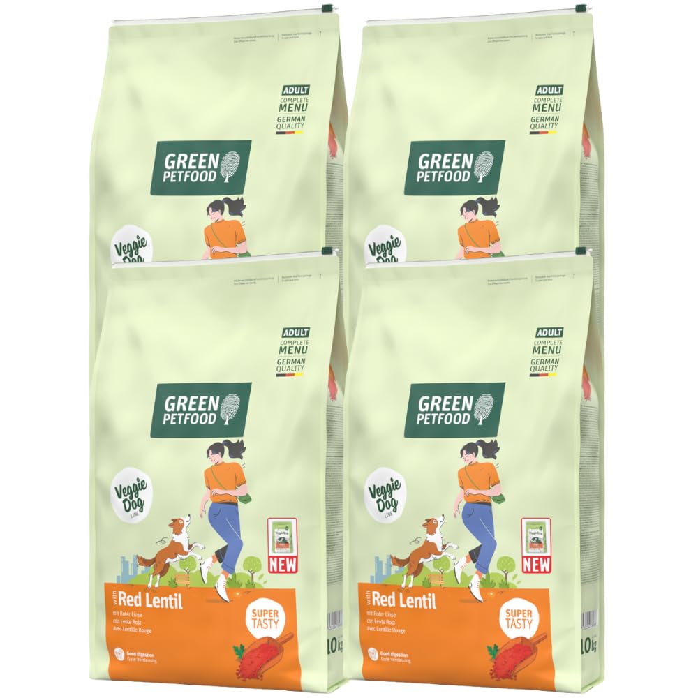 Green Petfood Red Lentil complete dog food | Vegetarian recipe | All breed sizes | For dogs with meat protein allergies | Sensitive digestion | 4x10kg bags