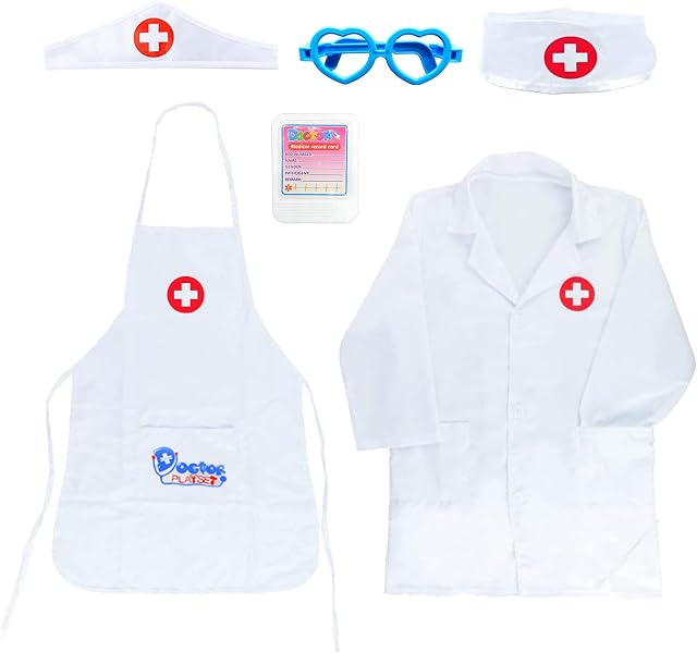 MIVAIUN 6 Pieces Kids Doctor Set, Doctor Coat Doctor Nurse Cap Work Permit Glasses Playsets Educational Pretend Play Toys Fancy Dress Kids Toys Costume for Boys Girls 3-6 Years