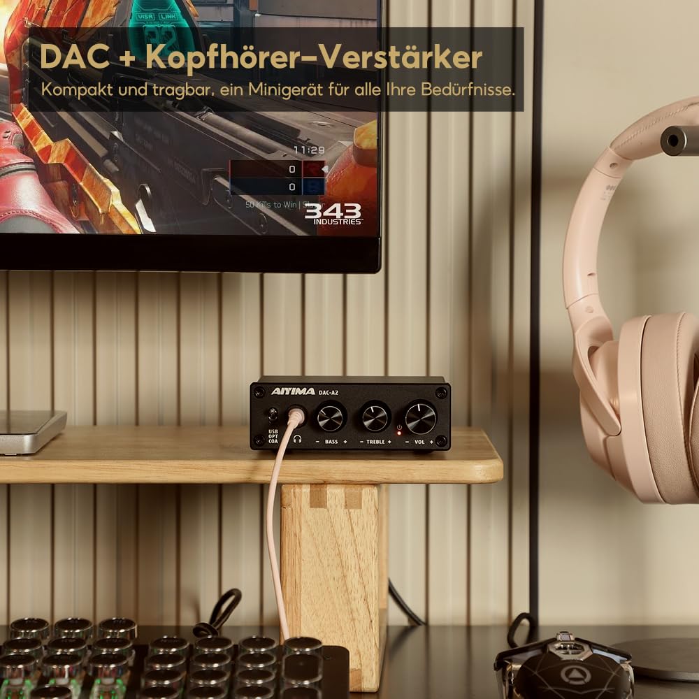 AIYIMA DAC A2 Kopfhörer-Verstärker DAC Konverter Mini Stereo Digital-zu-Analog DAC für PS5/PC/MAC Computer Desktop Game DAC Amp PC-USB/Coaxial/Optical zu 3.5mm AUX RCA Kopfhörer Ausgang 24Bits 192KHz