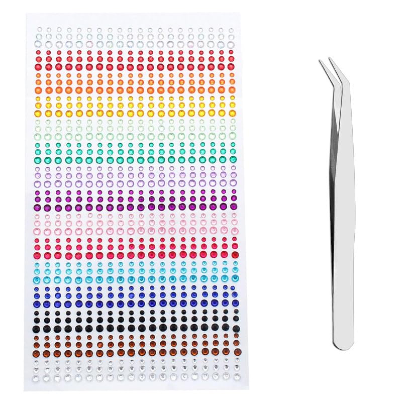 Piedras preciosas autoadhesivas con purpurina en 15 colores, gemas de purpurina cosmética, gemas faciales, gemas faciales, gemas adhesivas, 3 mm, 4 mm, 5 mm (900 unidades) con Pi