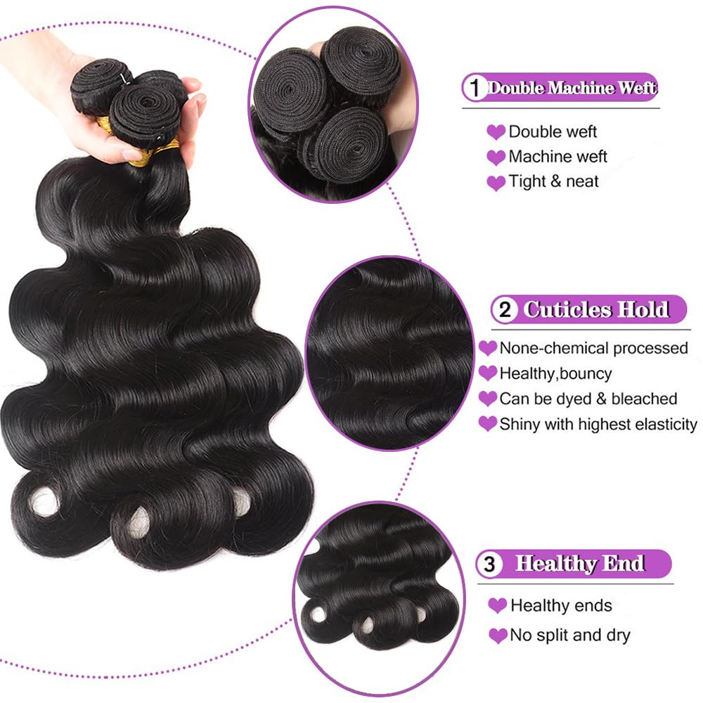 Human Hair Bundles 24 26 28 Inch Body Wave 100% Unprocessed Brazilian Virgin Hair 3 Bundles Human Hair Extensions Quick Weave Natural Black - Image 2
