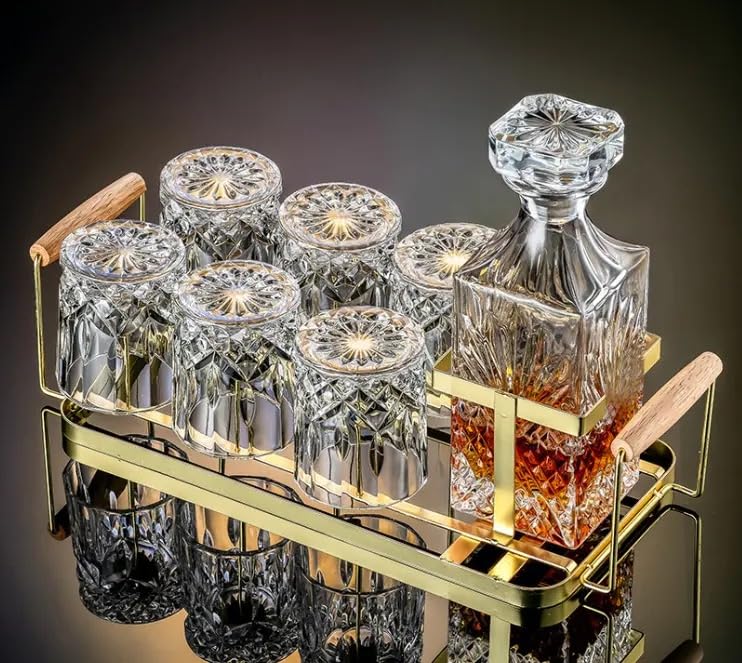 Whisky Decanter Gift Set with Tray – Premium Glass, Metal & Wood Bar Set – Elegant Gift for Whiskey, Scotch or Bourbon Lovers and Special Occasions