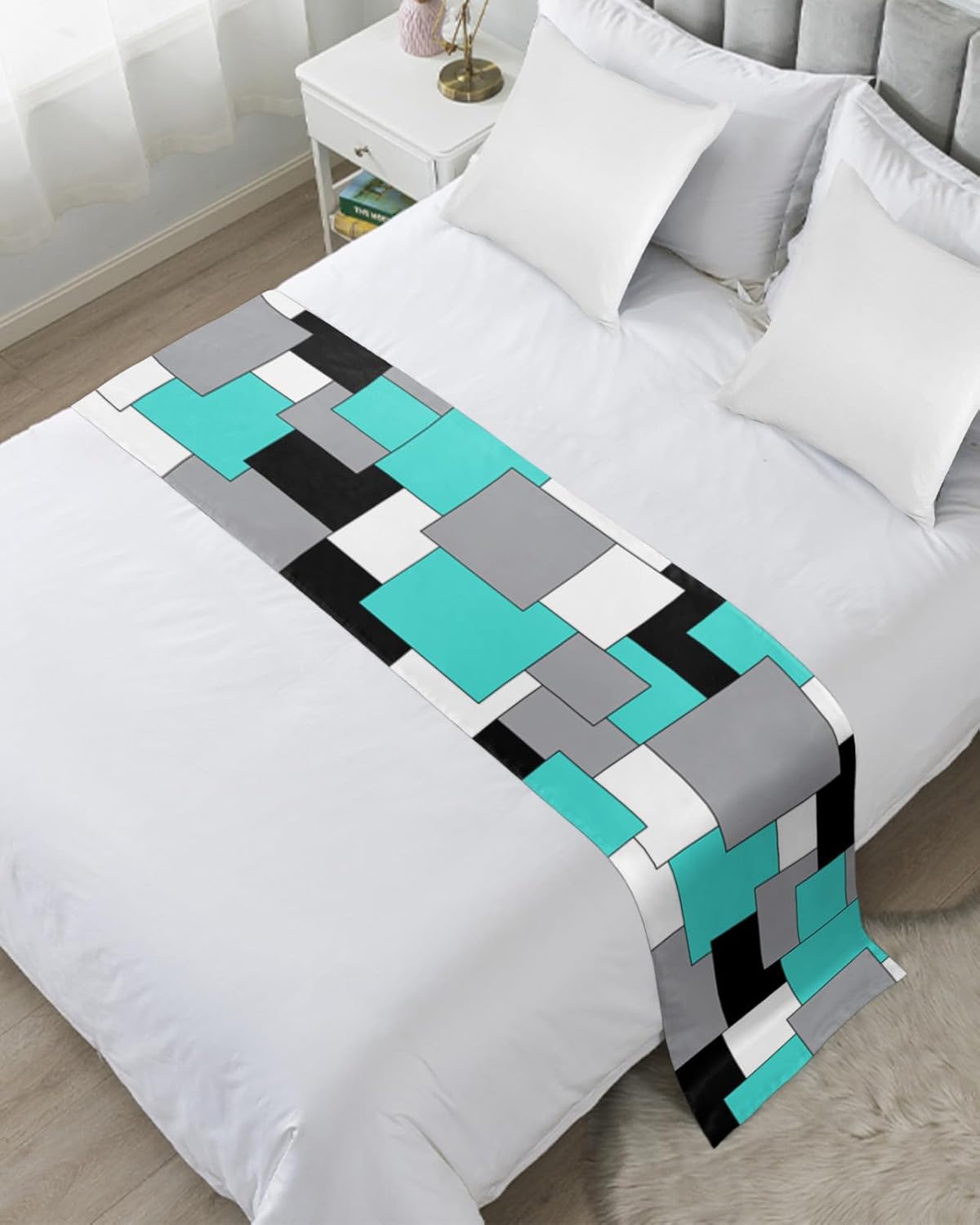 Teamery Bed Runners & Scarves, Modern White and Aqua Color Blocks Abstract Art Bed Runner, Bed Scarf Protector Decorative Accent Bedding Scarf for Hotels Homes and Guestrooms, 102 x 20 inches