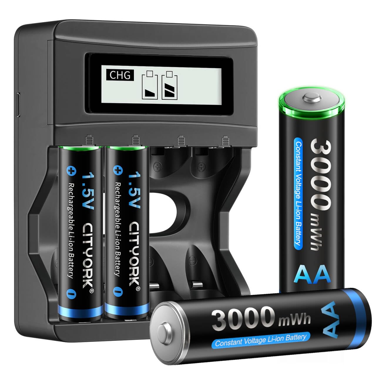 CITYORK AA AAA oplaadbare lithiumbatterijen 1,5 V met oplader, 4 x AA 3000 mWh batterijen 4 x AAA 1200 mWh batterijen met geïntegreerde opbergdoos