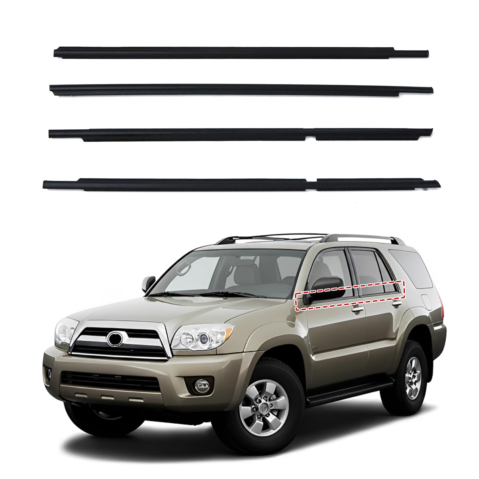 GOFIRA Black Outer Door Weather Stripping, Window Molding Trim Seal Belt for Toyota 4Runner 2003-2009, Matches Reference Part 68161-35060 68162-35060 68163-35030 68164-35030 with Install Tool