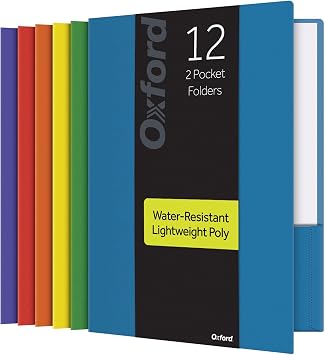 Oxford 2 Pocket Folders, Sturdy Plastic Portfolio, Letter Size, Assorted Colors, 2 Each Blue, Green, Yellow, Orange, Red, Purple, 12 Pack 14188