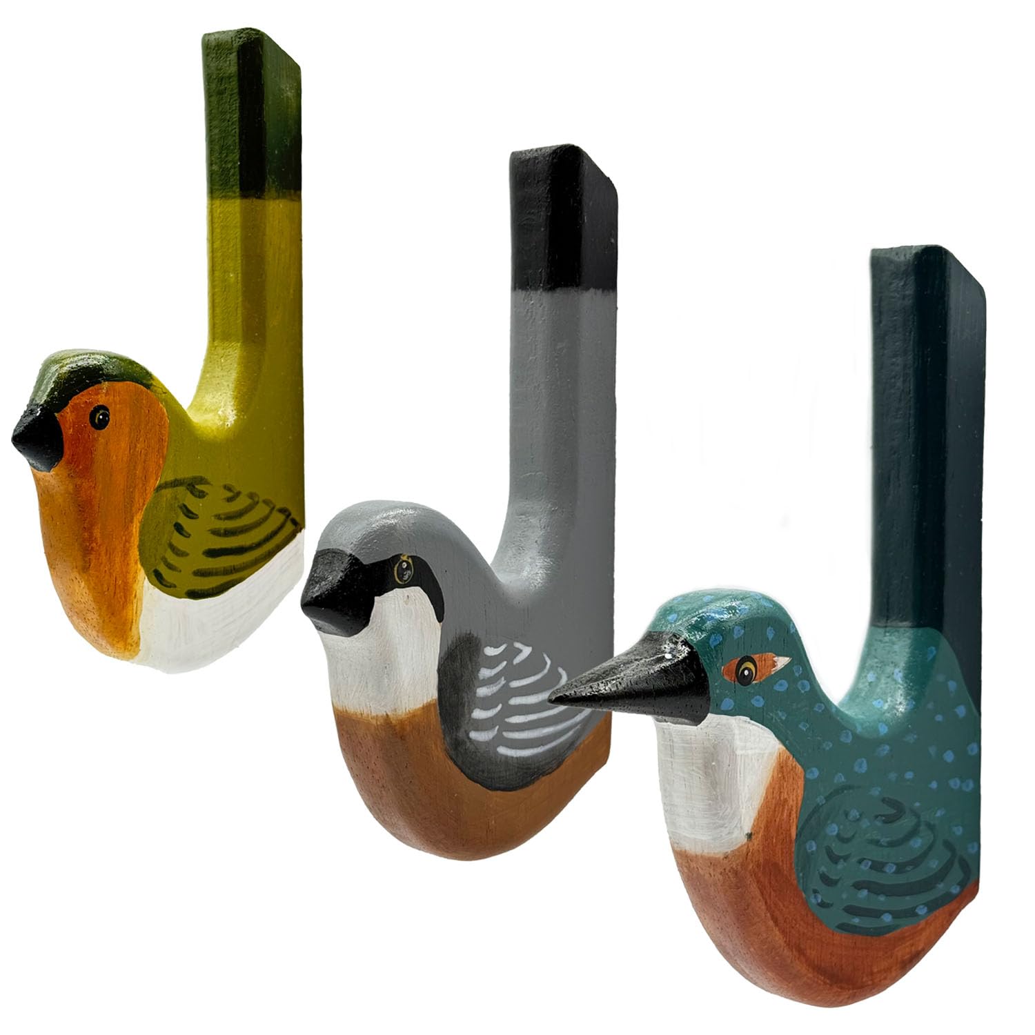 Patères en bois oiseaux lot de 3 crochets muraux pour vêtements enfant 15,5x8,5x2 cm