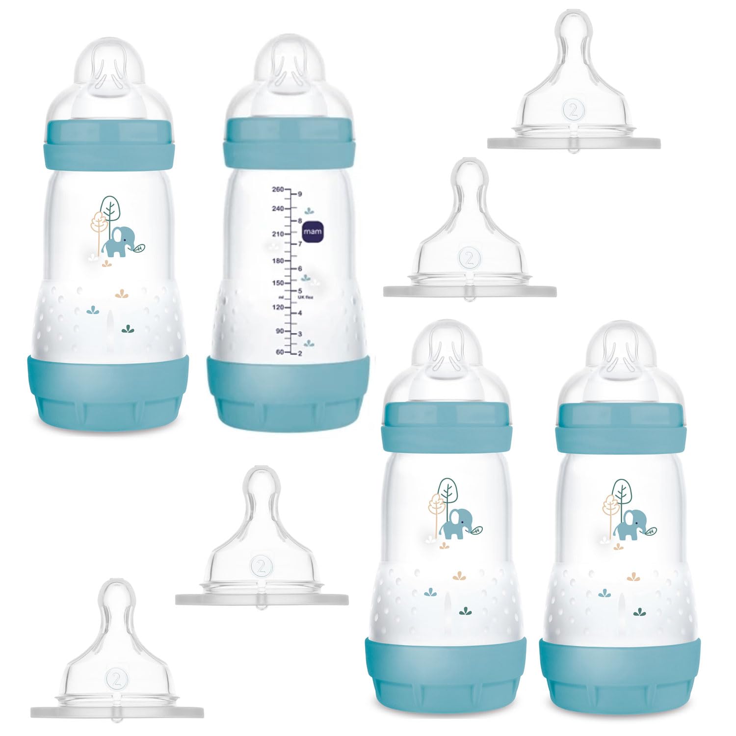 MAM Anti Colic Flasche 260 ml 4er Pack inkl. 8 Sauger // Größe 1 & 2 ab Geburt