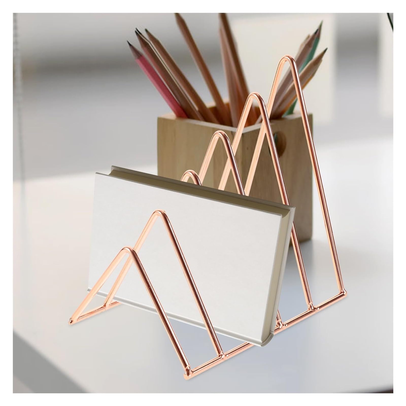 zeitungsständer Zeitschriftenhalter aus Metalldraht for den Schreibtisch, Roségold, dreieckig